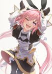  1boy astolfo_(fate) astolfo_(saber)_(fate) bangs black_bow black_gloves black_ribbon bow bowtie commentary_request eyebrows_visible_through_hair fate/grand_order fate_(series) gloves hair_bow hair_intakes hair_ribbon highres long_hair long_sleeves looking_at_viewer male_focus multicolored_hair one_eye_closed otoko_no_ko pink_hair ribbon simple_background solo streaked_hair twintails violet_eyes white_background white_hair yunar 