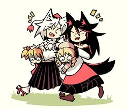  4girls black_hair brown_footwear detached_sleeves geta grass hat imaizumi_kagerou inubashiri_momiji luna_child multicolored multicolored_clothes multiple_girls pom_pom_(clothes) setz short_hair skirt sunny_milk tokin_hat touhou walking white_background white_hair 