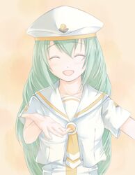  1girl :d alice_carroll aria bangs closed_eyes collarbone eyebrows_visible_through_hair facing_viewer green_hair hair_between_eyes hat highres kamehito long_hair open_mouth reaching_out sailor_collar short_sleeves smile solo upper_body very_long_hair white_background white_headwear white_sailor_collar yellow_neckwear 