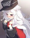  1girl azur_lane bangs black_headwear blush cape child closed_mouth commentary_request eyebrows_visible_through_hair fidgeting frown gradient gradient_background grey_background hat highres iron_cross long_hair long_sleeves looking_away looking_down military military_uniform olive_(laai) peaked_cap red_cape silver_hair solo uniform upper_body very_long_hair violet_eyes zeppelin-chan_(azur_lane) 