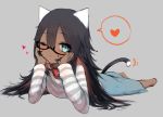  1girl animal_ears black_hair blue_eyes cat_ears cat_girl cat_tail chito_(natsume-same) collar commentary_request dark_skin eyebrows_visible_through_hair full_body glasses grey_background hair_between_eyes head_rest heart highres long_hair looking_at_viewer lying natsume-same on_stomach one_eye_closed original partial_commentary red_collar sidelocks simple_background slit_pupils solo speech_bubble spoken_heart tail tail_wagging 