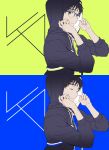  1boy black_hair blue-framed_eyewear blue_background brown_eyes closed_eyes glasses green_background hood hood_up hoodie jewelry katsuki_yuuri kuroemon male_focus parted_lips ring upper_body yuri!!!_on_ice 