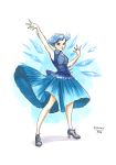  1girl blue_background blue_dress blue_eyes blue_footwear blue_hair cirno collared_dress dated dress highres ice ice_wings rumiak short_hair signature simple_background solo tagme touhou traditional_media white_background wing_collar wings 