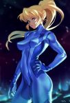  1girl blonde_hair blue_bodysuit blue_eyes bodysuit breasts covered_navel hand_on_hip lips long_hair looking_at_viewer medium_breasts metroid mole mole_under_mouth optionaltypo ponytail samus_aran shiny shiny_hair skin_tight solo zero_suit 