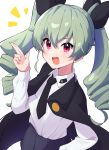  1girl :d anchovy_(girls_und_panzer) black_cape black_neckwear black_ribbon black_skirt cape drill_hair eyebrows_visible_through_hair girls_und_panzer green_hair hair_ribbon hand_up highres long_hair long_sleeves looking_at_viewer necktie open_mouth pink_eyes ribbon shirt simple_background skirt smile solo takosuke0624 twin_drills twintails white_background white_shirt 