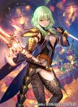  1girl black_gloves breasts byleth_(fire_emblem) byleth_eisner_(female) center_opening closed_mouth coin company_name copyright_name fingerless_gloves fire_emblem fire_emblem:_three_houses fire_emblem_cipher fuji_choko gloves green_eyes green_hair holding holding_sword holding_weapon official_art pantyhose solo sword torn_clothes torn_legwear treasure_chest weapon 