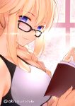  1girl akisa_(12023648) backlighting bangs bare_shoulders black-framed_eyewear blonde_hair blue_eyes blush book braid breasts closed_mouth commentary_request competition_swimsuit eyebrows_visible_through_hair fate/grand_order fate_(series) from_side glasses hair_over_shoulder holding holding_book indoors jeanne_d&#039;arc_(fate)_(all) jeanne_d&#039;arc_(swimsuit_archer) lens_flare long_hair looking_at_viewer looking_to_the_side medium_breasts one-piece_swimsuit open_book single_braid smile solo swimsuit twitter_username white_swimsuit window 