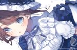  1girl bangs blush bow brown_hair check_copyright commentary_request eyebrows_visible_through_hair freckles frilled_sleeves frills gloves original ryota_(ry_o_ta) shadow short_sleeves signature solo symbol-shaped_pupils x_x 