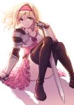  1girl arm_support armor bangs blonde_hair boots breasts brown_footwear closed_mouth collarbone commentary curry_bowl djeeta_(granblue_fantasy) dress eyebrows_visible_through_hair fighter_(granblue_fantasy) gauntlets granblue_fantasy hairband highres holding lips long_hair looking_at_viewer medium_breasts pink_dress shadow shiny shiny_clothes short_dress signature simple_background sitting smile sword thigh-highs thigh_boots thighs weapon white_background yellow_eyes 