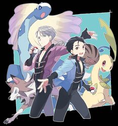  2boys :d aurorus bayleef black_hair blue_eyes brown_eyes collared_shirt crossover gen_2_pokemon gen_6_pokemon gen_7_pokemon hair_slicked_back holding holding_poke_ball jewelry katsuki_yuuri kuroemon looking_at_viewer lycanroc lycanroc_(midday) male_focus multiple_boys open_mouth outstretched_hand poke_ball poke_ball_(generic) pokemon pokemon_(creature) pokemon_on_shoulder ring shirt silver_hair smile swinub viktor_nikiforov yuri!!!_on_ice 