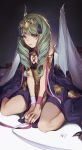  1girl cosplay dragon_wings dress fire_emblem fire_emblem:_three_houses flayn_(fire_emblem) full_body green_eyes green_hair highres long_hair parted_lips sitting solo sothis_(fire_emblem) sothis_(fire_emblem)_(cosplay) tiara velahka wings 