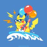  blue_background commentary electric_guitar english_commentary flying_pikachu full_body gen_1_pokemon guitar holding holding_instrument instrument no_humans pikachu pokemon pokemon_(creature) simple_background smirk solo sunglasses surfboard surfing_pikachu versiris water waves 