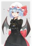  1girl absurdres alternate_costume arm_up bat_wings black_dress black_legwear blue_hair bow bowtie commentary_request cowboy_shot cravat dress eyebrows_visible_through_hair fang grey_background hair_between_eyes hand_in_hair hat hat_ribbon highres iyo_(ya_na_kanji) jewelry layered_dress light_blush long_sleeves looking_at_viewer mob_cap open_mouth partial_commentary pendant red_bow red_eyes remilia_scarlet ribbon sash shiny shiny_hair short_hair simple_background smile solo splatter_background standing touhou white_headwear wings 