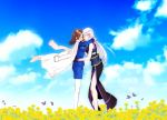  2girls blue_sky brown_hair bug butterfly clouds cloudy_sky couple flower forehead-to-forehead grass happy highres hug insect legs leoheart long_hair lyrical_nanoha mahou_shoujo_lyrical_nanoha mahou_shoujo_lyrical_nanoha_a&#039;s mahou_shoujo_lyrical_nanoha_strikers military military_uniform multiple_girls pantyhose reinforce skirt sky smile sunflower thighs uniform white_hair yagami_hayate yuri 