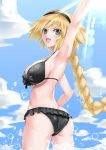  1girl :d absurdres arm_up armpits ass bag bikini black_bikini black_hairband blonde_hair blue_eyes blue_sky braided_ponytail breasts clouds covered_nipples cowboy_shot eyebrows_visible_through_hair fate/grand_order fate_(series) floating_hair frilled_bikini_bottom from_behind front-tie_bikini front-tie_top hair_between_eyes hairband highres jeanne_d&#039;arc_(fate)_(all) jeanne_d&#039;arc_(swimsuit_archer) kamehito large_breasts long_hair looking_at_viewer open_mouth sideboob sky smile solo standing swimsuit under_boob very_long_hair 