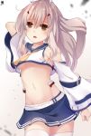  1girl :0 absurdres arm_behind_head artist_logo ayanami_(azur_lane) azur_lane bandaid_on_arm bangs bare_shoulders belt blue_sailor_collar blue_skirt breasts collarbone commentary_request cowboy_shot crop_top detached_sleeves eyebrows_visible_through_hair groin hair_between_eyes headgear hibiki_zerocodo high_ponytail highres long_hair looking_at_viewer midriff navel neckerchief open_mouth orange_eyes platinum_blonde_hair pleated_skirt ponytail retrofit_(azur_lane) sailor_collar shirt sideboob sidelocks simple_background skirt small_breasts solo standing thigh-highs under_boob white_belt white_legwear white_shirt white_sleeves wide_sleeves yellow_neckwear zettai_ryouiki 