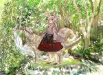  animal_ears bare_shoulders branch detached_sleeves forest hat inubashiri_momiji konabetate leaf maple_leaf nature pom_pom_(clothes) red_eyes red_skirt ribbon-trimmed_sleeves ribbon_trim short_hair skirt tail tokin_hat touhou white_hair wolf wolf_ears wolf_tail 