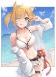  1girl ;) ;q ahoge animal_ear_fluff animal_ears arknights bangs bare_shoulders beach bikini bikini_skirt blonde_hair blue_sky blush breasts clouds collarbone commentary_request cowboy_shot day eyebrows_visible_through_hair futasan hand_up highres large_breasts long_sleeves looking_at_viewer microskirt navel ocean off_shoulder one_eye_closed open_clothes open_shirt outdoors shirt short_hair skirt sky smile solo sora_(arknights) standing stomach swimsuit thigh_strap thighs tongue tongue_out twintails v water white_bikini white_shirt white_skirt wolf_ears yellow_eyes 