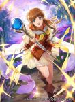  1girl blue_eyes brown_hair company_name copyright_name fire_emblem fire_emblem:_path_of_radiance fire_emblem:_radiant_dawn fire_emblem_cipher full_body holding holding_staff long_hair mayo_(becky2006) mist_(fire_emblem) official_art open_mouth outdoors petals short_sleeves sky solo staff tree 