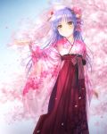  1girl angel_beats! cherry_blossoms commentary_request floral_print flower goto_p hair_flower hair_ornament hakama japanese_clothes kimono long_hair parted_lips petals pink_kimono qr_code red_hakama silver_hair solo standing tachibana_kanade tree yellow_eyes 