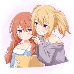  2girls :t bangs bare_shoulders blonde_hair blue_eyes blue_pajamas blush book braid character_request commentary_request elf eyebrows_visible_through_hair felutiahime frown grey_shirt grin hair_between_eyes highres holding holding_book long_hair long_sleeves looking_at_viewer multiple_girls off-shoulder_shirt off_shoulder pajamas pointy_ears princess_connect! princess_connect!_re:dive shirt smile twin_braids twintails violet_eyes yuni_(princess_connect) 