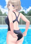  1girl absurdres adjusting_clothes adjusting_swimsuit arhah ass black_swimsuit blue_eyes blue_sky blurry breasts chain-link_fence clouds commentary_request competition_swimsuit cowboy_shot day depth_of_field fence from_behind grey_hair highres large_breasts looking_at_viewer looking_back love_live! love_live!_sunshine!! one-piece_swimsuit outdoors short_hair sky solo swimsuit swimsuit_pull tree watanabe_you wavy_hair 