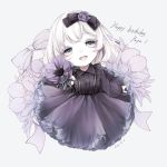  1girl bangs black_bow black_dress black_eyes bow dated dress eyebrows_visible_through_hair flower hair_bow hair_flower hair_ornament happy_birthday highres looking_at_viewer original pale_skin petticoat shiro_yurine short_hair solo white_background white_hair 