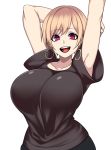  1girl absurdres arms_up blonde_hair breasts camui_kamui earrings highres jewelry large_breasts open_mouth original red_eyes shirt short_hair solo t-shirt 