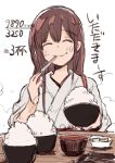  1girl akagi_(kantai_collection) bowl brown_hair closed_eyes commentary_request eating japanese_clothes kantai_collection long_hair math muneate rice rice_bowl simple_background solo straight_hair takamachiya tasuki translation_request upper_body white_background 