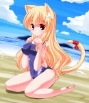  1girl animal_ear_fluff animal_ears bad_feet bangs bare_arms bare_legs bare_shoulders barefoot beach blue_sky blue_swimsuit blush breasts cat_ears cat_girl cat_tail closed_mouth clouds commentary_request competition_swimsuit covered_navel day eyebrows_visible_through_hair hair_between_eyes hands_up highres horizon kanijiru medium_breasts ocean one-piece_swimsuit original outdoors red_eyes red_ribbon ribbon sand signature sitting sky smile solo swimsuit tail tail_raised tail_ribbon wariza water 