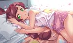  1girl bed blush green_eyes looking_at_viewer lying on_bed pajamas petals pokemon pokemon_(anime) pokemon_swsh_(anime) sakuragi_koharu sakuragiyuuki smile solo 