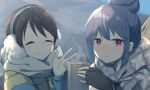  2girls black_hair blue_hair blush closed_eyes commentary cup dotnot earmuffs fingerless_gloves gloves holding holding_cup jacket jitome multiple_girls outdoors saitou_ena scarf shima_rin short_hair steam violet_eyes w winter_clothes yurucamp 