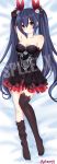  1girl artist_name black_dress black_hair choujigen_game_neptune dakimakura dress girl_on_top highres legs long_hair neptune_(series) noire red_eyes self_upload smile solo source_request spleeny twintails watermark 