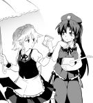  2girls apron bat_wings beret blush bow braid cowboy_shot frills greyscale hair_bow handkerchief hat holding holding_umbrella hong_meiling izayoi_sakuya long_hair looking_at_another maid_headdress monochrome multiple_girls neck_ribbon parasol ribbon shikushiku_(amamori_weekly) shirt short_hair short_sleeves skirt star sweat touhou twin_braids umbrella vest waist_apron watering_can white_background wings wiping_sweat wrist_cuffs 