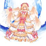  1girl aoi_(buzhuen444) bangs blonde_hair bow breasts dress hair_bow heart long_hair long_sleeves looking_at_viewer magical_girl medium_breasts multiple_wings original puffy_long_sleeves puffy_sleeves red_bow red_eyes smile solo staff tiara wings 