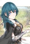  1girl armor blue_eyes blue_hair bozugame byleth_(fire_emblem) byleth_eisner_(female) closed_mouth copyright_name cup fire_emblem fire_emblem:_three_houses from_side highres holding holding_cup holding_plate looking_to_the_side plate solo teacup upper_body 