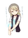  1girl blonde_hair cosplay_request drill_hair eyebrows_visible_through_hair glowing idolmaster idolmaster_cinderella_girls jacket kamen_rider kamen_rider_dcd morikubo_nono parody shirt solo t-shirt translated upper_body ushi white_background 