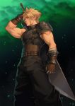  1boy alejandro_tio biceps blonde_hair brown_gloves buster_sword cloud_strife dark_background earrings final_fantasy final_fantasy_vii final_fantasy_vii_remake gloves highres jewelry looking_to_the_side serious shoulder_armor sleeveless sleeveless_turtleneck solo standing stud_earrings suspenders sword turtleneck weapon weapon_on_back 