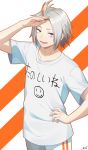  1boy absurdres arm_up bangs brown_hair clothes_writing commentary_request copyright_request diagonal_stripes forehead grey_eyes grey_hair hand_on_hip highres looking_at_viewer male_focus multicolored_hair pants parted_bangs parted_lips sakura_chiyo_(konachi000) shirt short_sleeves signature smile solo streaked_hair striped striped_background t-shirt translated virtual_youtuber white_pants white_shirt 