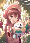 1girl absurdres bangs blurry blurry_background blush brown_eyes brown_hair commentary eyebrows_visible_through_hair gen_7_pokemon hat highres holding holding_pokemon long_hair long_sleeves looking_at_viewer marinesnow one_eye_closed open_mouth outdoors pokemon pokemon_(creature) pokemon_(game) pokemon_sm rowlet smile 
