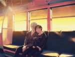  2boys backpack bag black_hair blue-framed_eyewear closed_eyes glasses hood hoodie katsuki_yuuri kuroemon male_focus multiple_boys silver_hair sitting sleeping sunset train_interior viktor_nikiforov yuri!!!_on_ice 