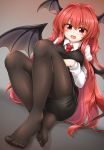  1girl :d bangs black_legwear black_skirt black_vest blush breasts brown_background commentary_request demon_wings eyebrows_visible_through_hair feet gradient gradient_background grey_background hair_between_eyes hair_intakes head_wings highres juliet_sleeves knees_up koakuma large_breasts long_hair long_sleeves looking_at_viewer m9kndi miniskirt no_shoes open_mouth pantyhose pencil_skirt puffy_sleeves red_eyes redhead shadow shirt sitting skirt smile solo thighs toes touhou very_long_hair vest white_shirt wings 