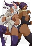  2girls animal_ears ass bangs bare_back bare_shoulders black_legwear bleach boku_no_hero_academia breasts clenched_hands crossover dark_skin gloves groin highleg highres iaranaika long_hair mirko multiple_girls muscle muscular_female parted_bangs purple_hair red_eyes shihouin_yoruichi sideboob signature teeth thigh-highs trait_connection white_gloves white_hair yellow_eyes 