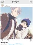  2boys ;) black_hair blue-framed_eyewear blue_eyes brown_eyes coat fake_screenshot glasses hat instagram katsuki_yuuri kuroemon makkachin male_focus mittens multiple_boys one_eye_closed scarf self_shot silver_hair smile sweater turtleneck turtleneck_sweater viktor_nikiforov yuri!!!_on_ice 