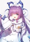  1girl animal_ears azur_lane bird blue_bow blue_eyes blush bow coat eyebrows_visible_through_hair fake_animal_ears fur_trim hair_ornament hair_ribbon heart highres long_hair long_sleeves looking_at_viewer one_eye_closed open_mouth paya_(aejx2345) pom_pom_(clothes) ponytail purple_hair ribbon simple_background sleeves_past_wrists snow_on_head snowing steam tashkent_(azur_lane) very_long_hair white_background white_coat 