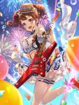 1girl :d aerial_fireworks alternate_hairstyle ankle_ribbon arm_ribbon arm_scrunchie balloon bang_dream! bangs blue_background blue_shirt blue_skirt blush bow bowtie breasts brown_hair bubble commentary_request confetti cowboy_shot crop_top earrings electric_guitar esp_guitars eyebrows_visible_through_hair fireworks frilled_skirt frilled_sleeves frills gradient gradient_background guitar hair_ornament hat high_heels highres holding holding_instrument holding_plectrum iku2727 instrument jewelry lights looking_at_viewer medium_breasts midriff mini_hat navel official_alternate_costume open_mouth plaid plaid_shirt plaid_skirt plectrum polka_dot_neckwear profile red_footwear ribbon shirt sidelocks skirt sleeveless sleeveless_shirt smile solo standing standing_on_one_leg star star_earrings star_hair_ornament strap suspender_skirt suspenders thigh-highs toyama_kasumi twintails upper_teeth violet_eyes white_legwear