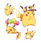  artsy-rc balloon baseball_cap bass_pro_shops clothed_pokemon commentary ears_through_headwear english_commentary floating flying_pikachu gen_1_pokemon hat highres no_humans pikachu pokemon pokemon_(creature) signature simple_background smile white_background wide_face 