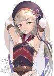  1girl armpits arms_behind_head belt beret braid brown_eyes detached_sleeves erune granblue_fantasy green_eyes hair_tie hair_tie_in_mouth hat heterochromia kadzuki_(ka3du6ki) long_hair mouth_hold pholia 