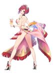  1girl bikini braid breasts feathers flamy flower french_braid full_body hair_flower hair_ornament high_heels highres holding_drink idola_phantasy_star_saga looking_at_viewer official_art open_mouth phantasy_star red_eyes redhead sarong sideboob solo standing swimsuit 