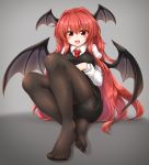  1girl :d bangs black_legwear black_skirt black_vest blush breasts commentary_request demon_wings eyebrows_visible_through_hair feet grey_background hair_between_eyes hair_intakes head_wings highres juliet_sleeves knees_up koakuma large_breasts long_hair long_sleeves looking_at_viewer m9kndi miniskirt no_shoes open_mouth pantyhose pencil_skirt puffy_sleeves red_eyes redhead shadow shirt sitting skirt smile solo thighs toes touhou very_long_hair vest white_shirt wings 